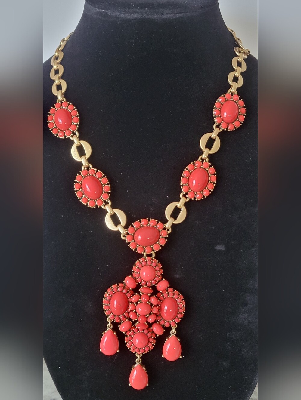 Stella & Dot Gold-Tone Necklace with Coral Red Statement Pendant -